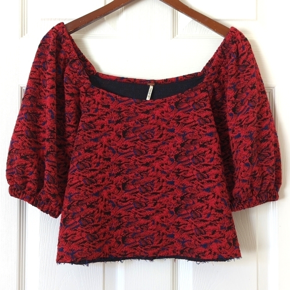 Free People Sunset Textured Puff Sleeve Square Neck Cropped Blouse Red Black S - Picture 1 of 10